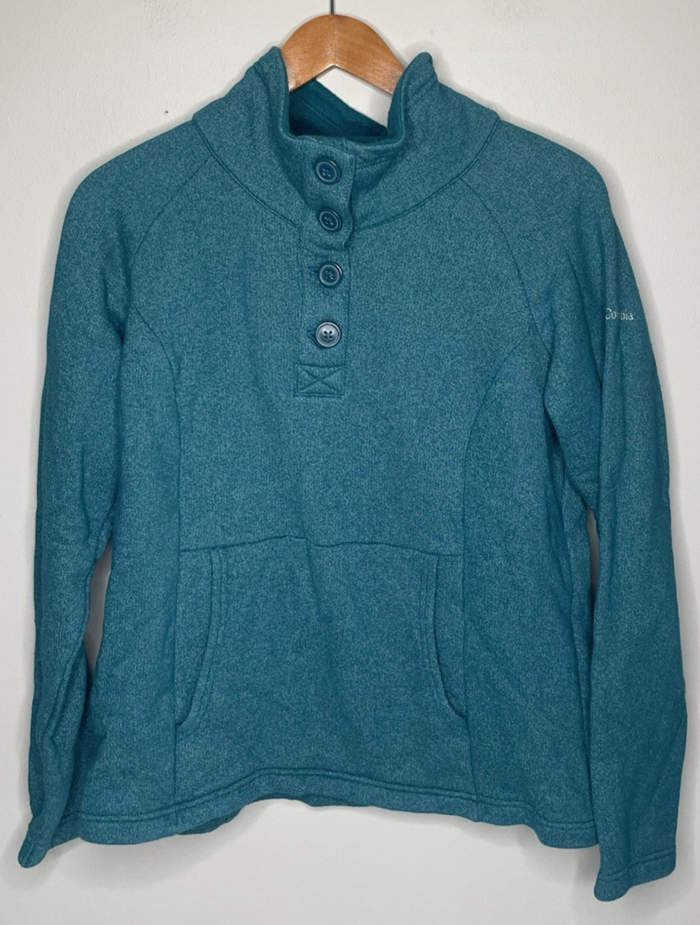 Columbia Women's Fleece Pullover Mock Neck Button Sweater Teal Blue Size L